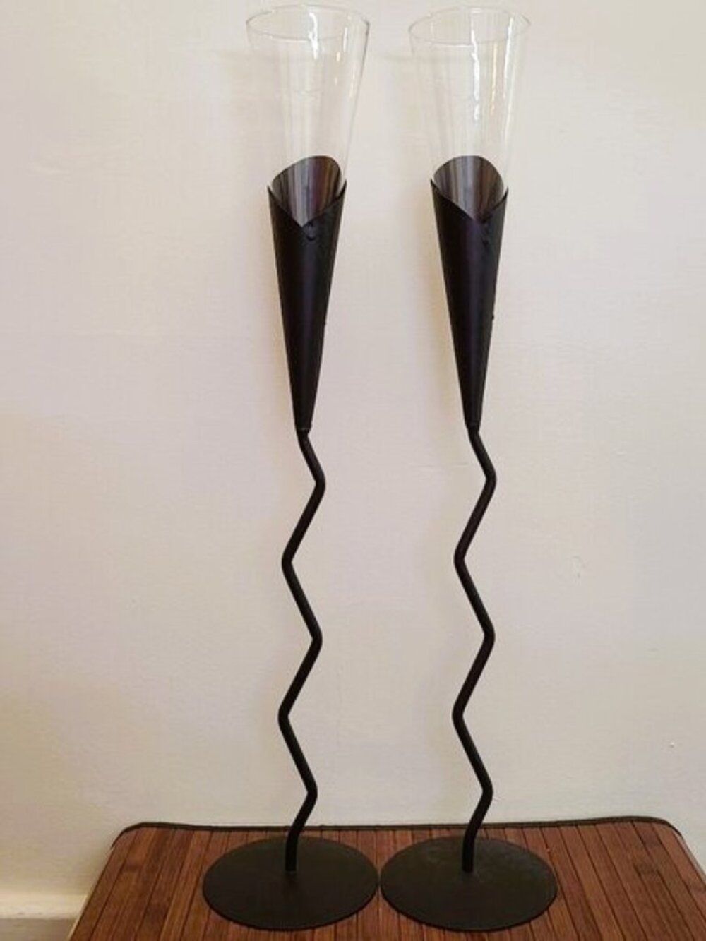 Two Euroline Tall Glass Trumpet Vases w/ Rubbed Bronze Metal Stands